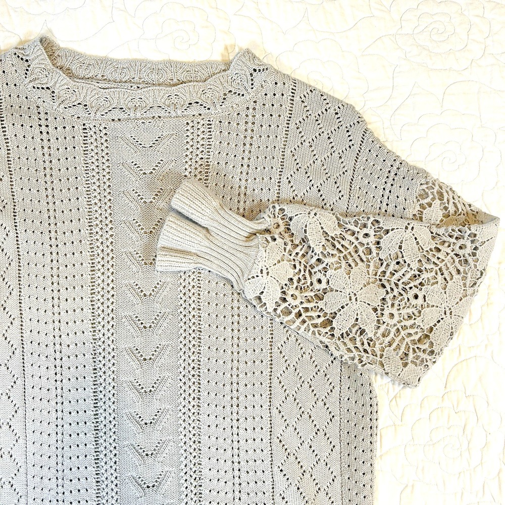Womens Gray Crochet Pointelle Knit Sweater Size L  Coquette Girl Boho Romantic